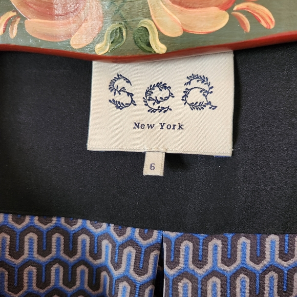 SEA New York SILK Cross Over Neck Tie Drawstring Waist LS Blue Black Dress EUC 6 - Picture 2 of 16